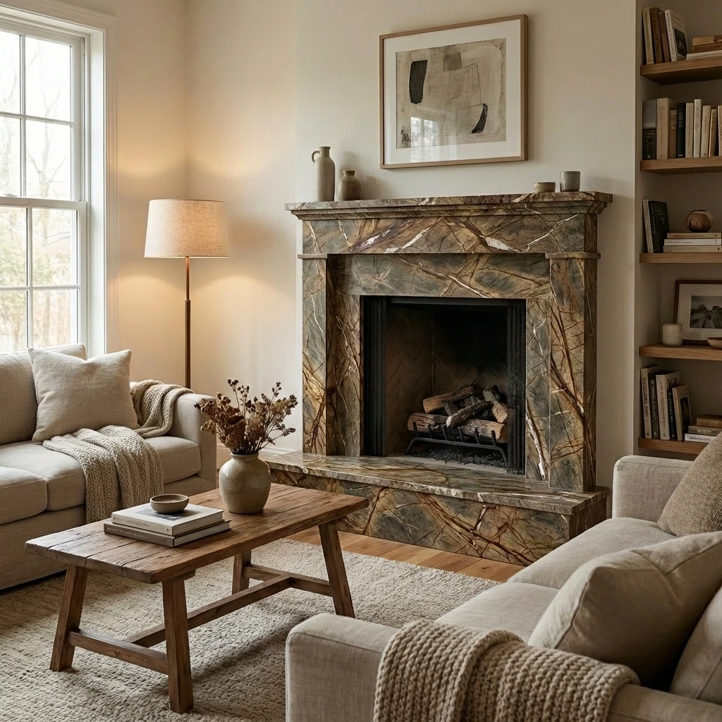 Veined Earth Tone Surround Fireplace