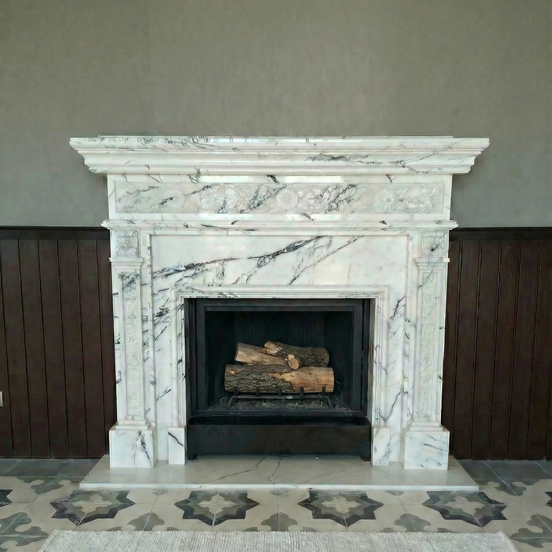 White Veined Carved Fireplace Surround