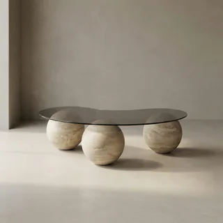 Kidney-Shaped Transparent Top Triple Sphere Coffee Table