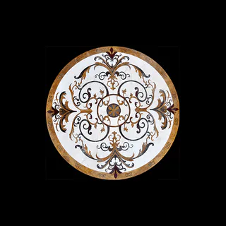 Medallón circular con volutas ornamentadas y cenefa de greca griega