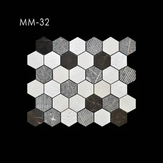 Dark Grey Medium Grey Off-White Hexagonal Fine Line Mosaic