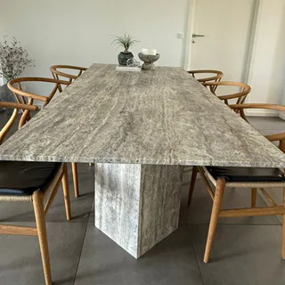 Gümüş Traverten Vein Cut Yemek Masası