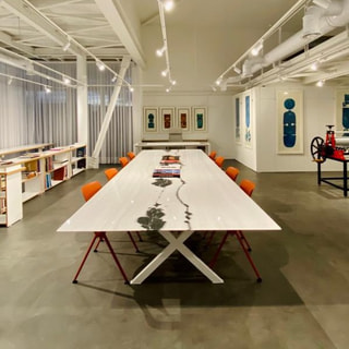 Rectangular Cross-Base Dining Table with High-Contrast Surface