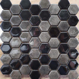 Mosaico de Vidrio Hexagonal Negro Brillante y Gris Moteado