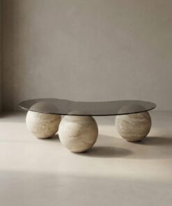 Table Basse en Verre avec Base Sphérique en Travertin Classique<br>