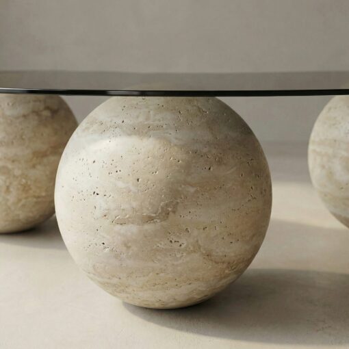 Table Basse en Verre avec Base Sphérique en Travertin Classique<br> – Image 2