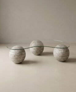Mesa de Centro de Vidrio con Base Esférica de Travertino Silver