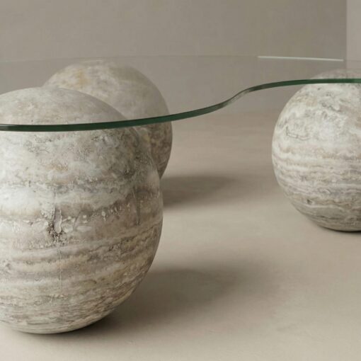 Mesa de Centro de Vidrio con Base Esférica de Travertino Silver - Imagen 2